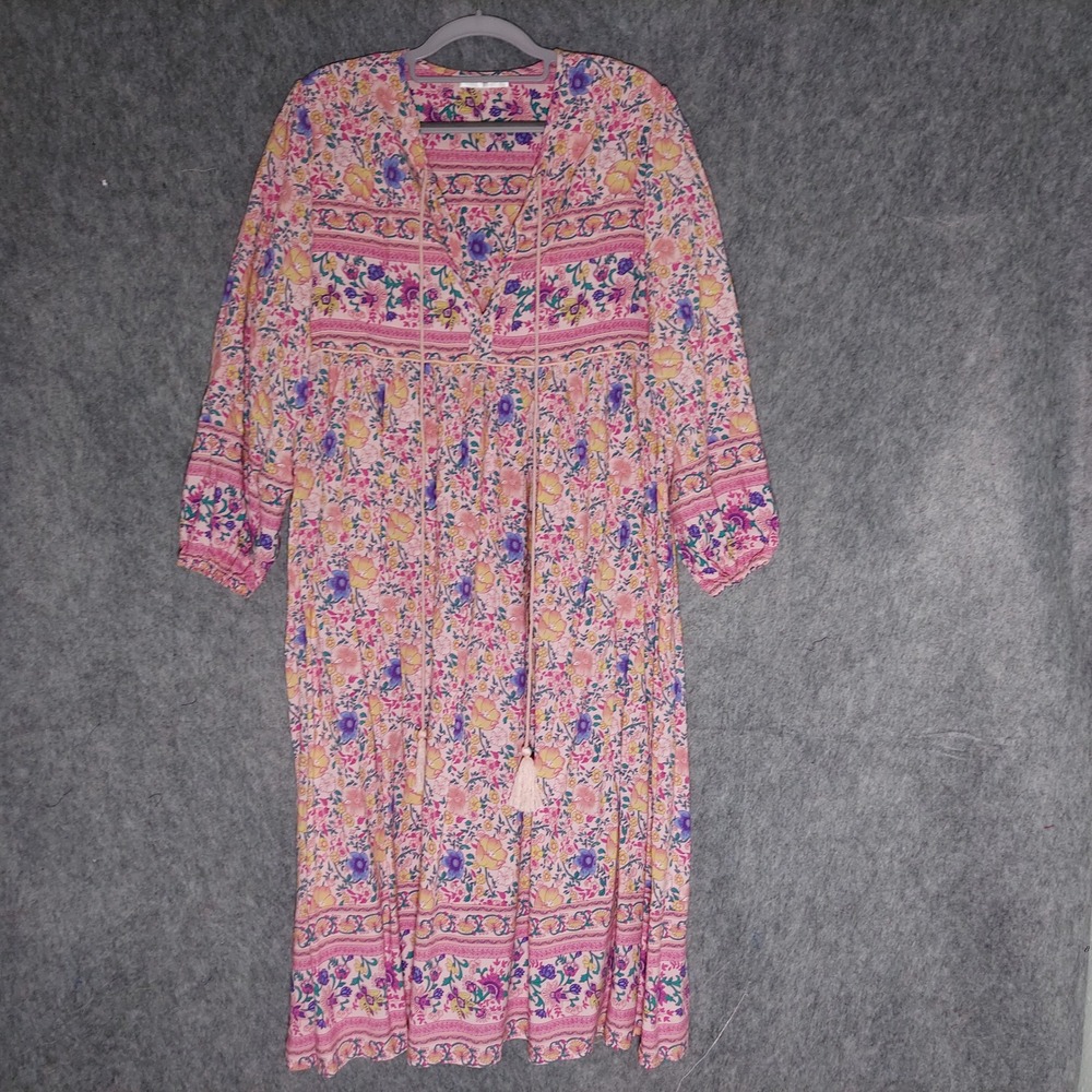 R Vivimos Women Dress L Pink Boho Floral Tassel Long Sleeve Midi Flowy Slab Mumu